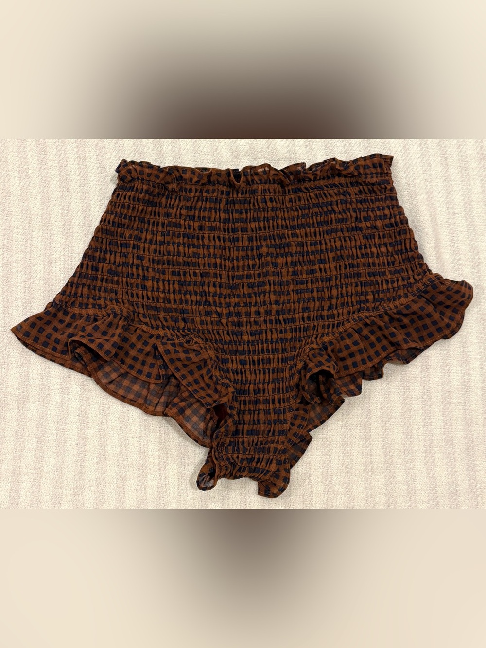Free People Intimately Smocked Ruffle Gingham Shorts Bloomers Navy Brown XS NEW